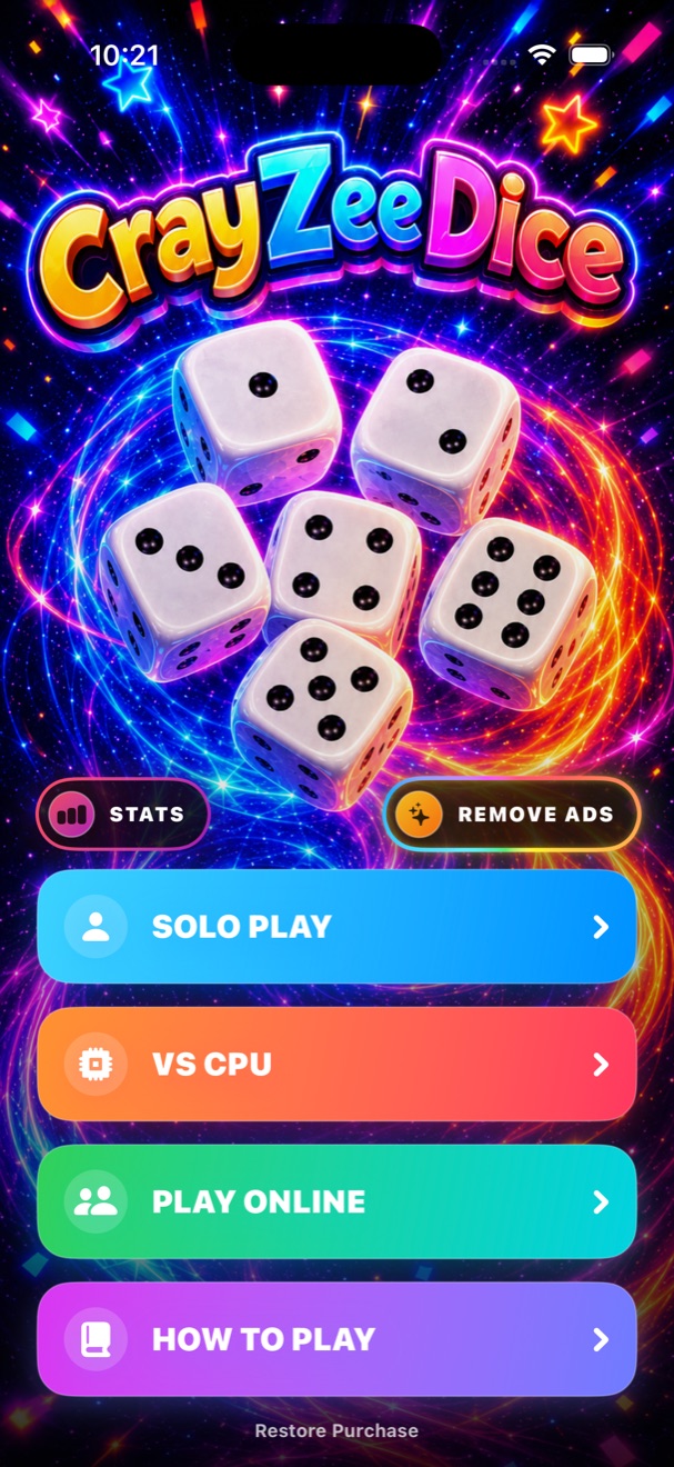 CrayZee Dice main menu with Solo, VS CPU, Play Online and How To Play