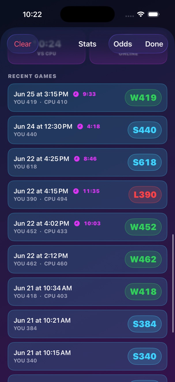 Recent games history list