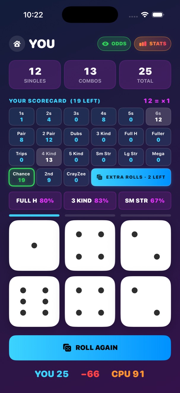 In-game scorecard with dice, categories and live odds