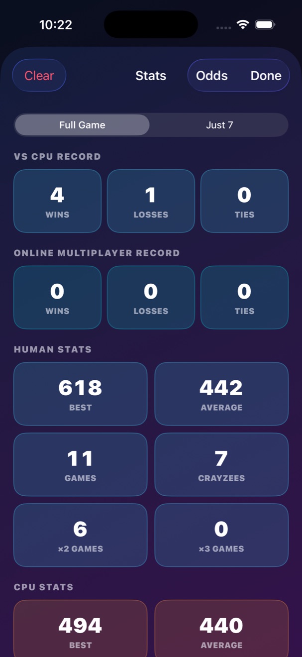 Stats screen showing VS CPU record and human and CPU stats