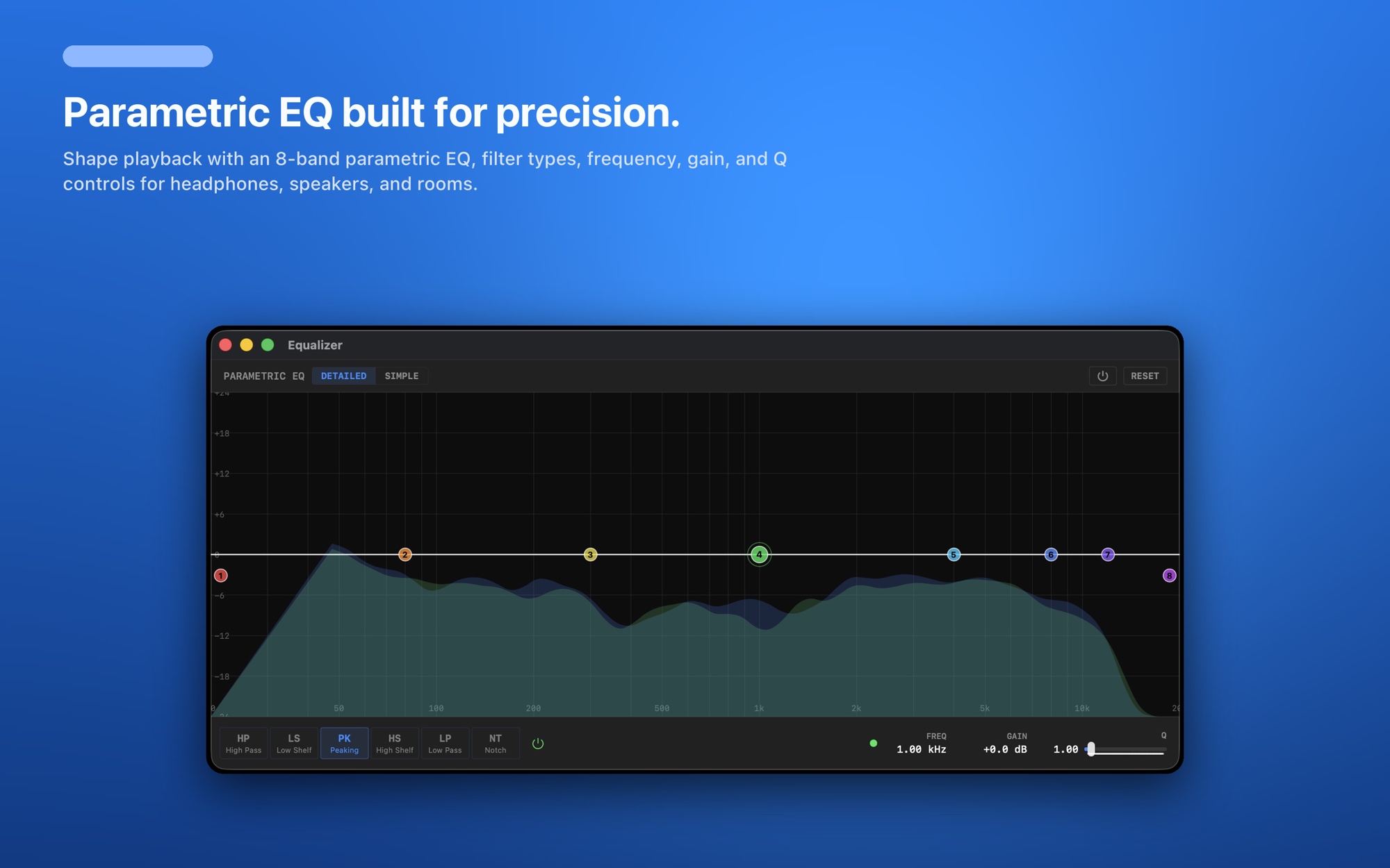 8-band parametric EQ with filter types, frequency, gain and Q controls