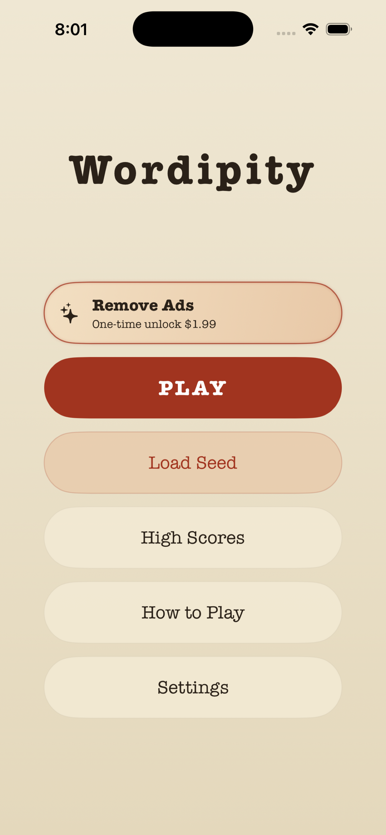 Wordipity main menu — Play, Load Seed, High Scores, How to Play